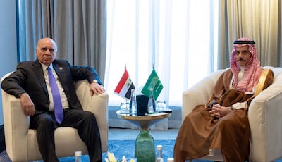 Saudi Foreign Minister Prince Faisal bin Farhan with Iraqi Foreign Minister Fuad Hussein at a recent meeting in Jordan on Jerusalem and its holy sites. Photo: Saudi Arabia Foreign Ministry / X