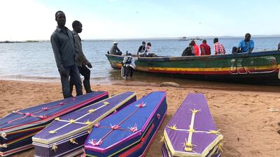 Coffins containing the dead bodies of passengers retrieved after a ferry overturned off the shores of Ukara Island in Lake Victoria, Tanzania September 22, 2018. Reuters