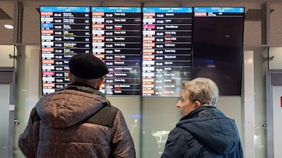 A departure board indicates cancelled flights at Nice Cote d'Azur airport amid nationwide strikes. EPA