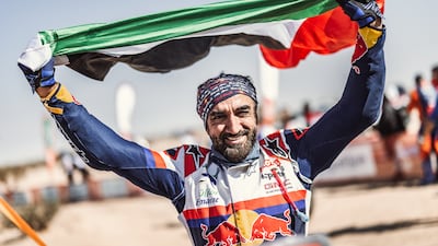 Emirati rider Mohammed Al Balooshi completed the Dakar desert endurance event with two broken ribs and a broken tree branch for a handlebar after a high-speed crash. Photo: Red Bull