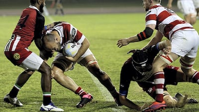 Action from UAE v Gibraltar during the international friendly match at the Dubai Sports City in Dubai. Satish Kumar for The National