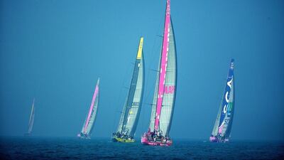 Team Mapfre, near read, Team SCA, right blue, Team Brunel, second far blue/yellow, Dongfeng Race Team, third far red and Abu Dhabi Ocean Racing, fourth far obscured, shown during the Leg 3 start of the Volvo Ocean Race on Saturday, from Abu Dhabi to Sanya, China. Photo Courtesy / Volvo Ocean Race / Getty Images