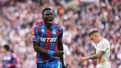 Crystal Palace's Ismaila Sarr celebrates after scoring his side's second goal during the FA Cup semi-final against Aston Villa at the Wembley Stadium in London on Saturday, April 26, 2025. AP