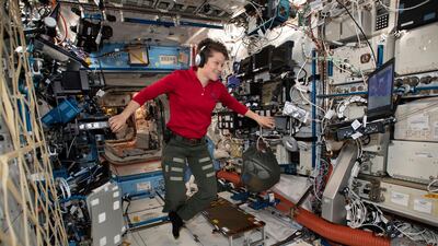 Flight Engineer Anne McClain looks at a laptop computer screen inside the U.S. Destiny laboratory module of the International Space Station. NASA via AP