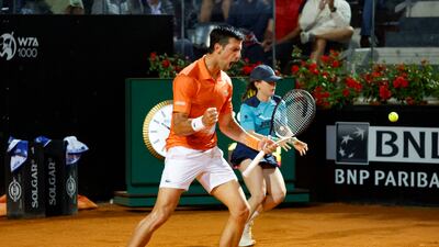 Novak Djokovic celebrates a point during his Italian Open semi-final match against Casper Ruud. EPA