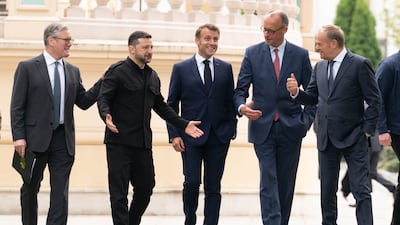 From left, Keir Starmer with Ukrainian President Volodymyr Zelenskyy, French President Emmanuel Macron, German Chancellor Friedrich Merz and Polish Prime Minister Donald Tusk after a meeting of the "coalition of the willing" at the Presidential Palace in Kyiv. PA