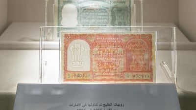 Gulf Rupes circulated in the Emirates during the period 1956 -1966. The UAE Currency Museum in the Central Bank. Abu Dhabi, United Arab Emirates. Mona Al-Marzooqi/ The National