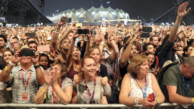 The crowd enjoying the performance of Mumford and Sons at the du Arena in Abu Dhabi. Pawan Singh / The National