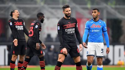 Milan striker Olivier Giroud reacts after a missed chance. Reuters