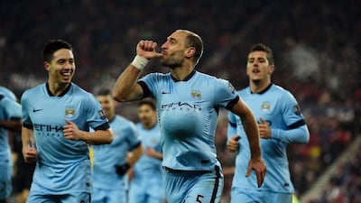 Pablo Zabaleta of Manchester City celebrates after scoring in his side's Premier League win against Sunderland on Wednesday. Mike Hewitt / Getty Images