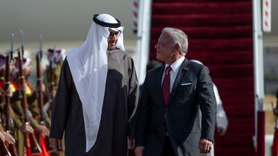 President Sheikh Mohamed is welcomed by King Abdullah II at Marka International Airport
