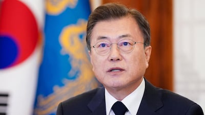 South Korean President Moon Jae-in speaks during the virtual Leaders Summit on Climate, at the presidential Blue House in Seoul, South Korea, Thursday, April 22, 2021. (Lee Jin-wook/Yonhap via AP)