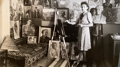 A closer look at the history of Palestinian art will refocus the narrative on artists from the region. Pictured: Artist Marika Gaitanopoulou Thorogood in her studio in Jerusalem, circa 1940s. Photo: The Thorogood family