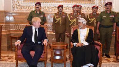 Oman's newly sworn-in Sultan Haitham bin Tariq (R) receiving Britain's Prime Minister Boris Johnson in the capital Muscat. AFP