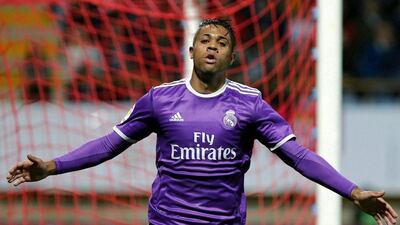 Real Madrid’s Mariano Diaz celebrates scoring his side’s seventh goal. Jose Luis Cereijido / EPA