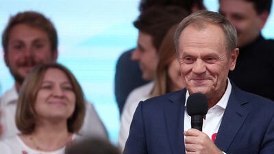 Donald Tusk, leader of the largest opposition grouping Civic Coalition, delivers a speech after the exit poll results are announced in Warsaw. Reuters