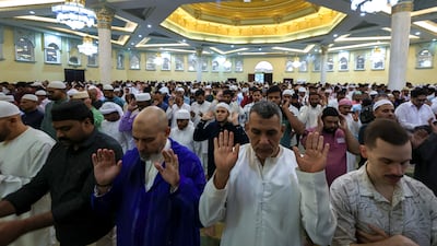 Eid Al Fitr morning prayers on Friday morning at Bani Hashim Mosque in Abu Dhabi. Victor Besa / The National