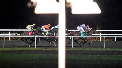 Runners and riders in The 'Road To The Kentucky Derby' Conditions Stakes at Kempton Park Racecourse in England, on Wednesday, March 4. Getty