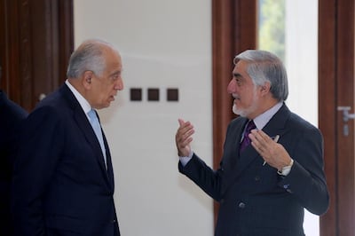 The US special envoy for Afghanistan Zalmay Khalilzad meets Afghanistan Chief Executive Abdullah Abdullah in Kabul on October 27, 2019. Handout via Reuters
