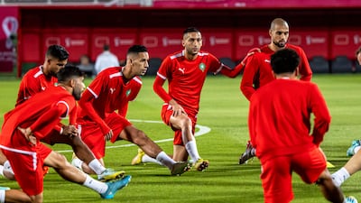 Morocco's Hakim Ziyech, centre, and teammates at training in Doha on the eve of their World Cup semi-final against France. EPA