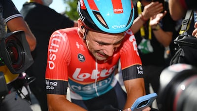 Emotional Lotto Dstny rider Victor Campenaerts after winning Stage 18. Reuters