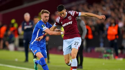 West Ham United's Nayef Aguerd and AZ Alkmaar's Djordje Mihailovic battle for the ball. PA