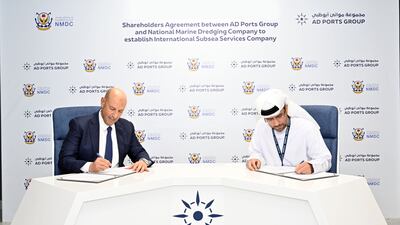 National Marine Dredging chief executive Yasser Zaghloul and AD Ports Group chief executive Capt Mohamed Al Shamisi during the signing ceremony. Photo: Wam