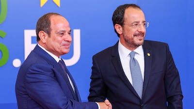 Mr Christodoulides welcomes Egypt's President Abdel Fattah El Sisi. Reuters