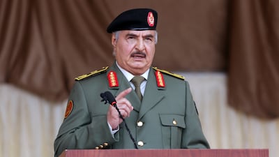 Libyan military commander Khalifa Haftar speaks during Independence Day celebrations in Benghazi, Libya, on December 24, 2020. Photo: Reuters