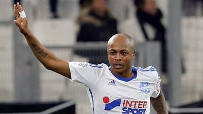 Marseille's Andre Ayew celebrates after scoring against Metz in his side's 3-1 Ligue 1 victory on Sunday. Jean-Paul Pelissier / Reuters / December 7, 2014