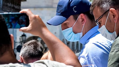 Manchester United football team captain Harry Maguire leaves a courthouse on the Greek island of Syros. AFP