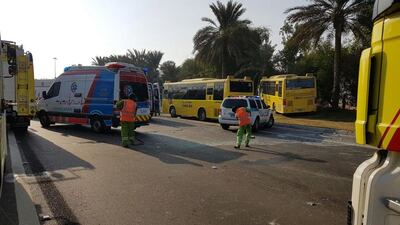 Emergency services attend the scene of a crash in Abu Dhabi last September that left 47 people, mostly school children, injured. Two school buses and a public bus collided on Khaleej Al Arabi Street. Photo courtesy Abu Dhabi Police