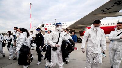 Albanian doctors arrive in Italy to help during the Covid-19 coronavirus emergency at Leonardo Da Vinci airport in Fiumicino, Rome. EPA/ANGELO CARCONI