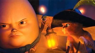 Humpty Dumpty, voiced by Zach Galifianakis, and Puss in Boots, Antonio Banderas, in Cat In Boots.
