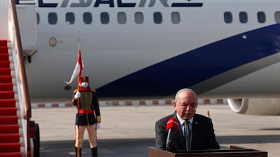 Israeli National Security Adviser Meir Ben-Shabbat, head of the Israeli delegation, delivers a statement upon arrival in Muharraq, Bahrain. AP