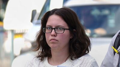 Mikayla Hayes leaves Westminster Magistrates' Court, London, on Wednesday. PA