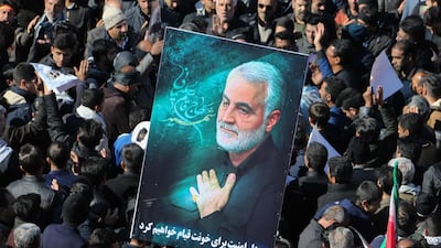 Iranian mourners gather during the final stage of funeral processions for Qassem Suleimani in his home town of Kerman in January. AFP