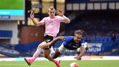 Leicester City's Caglar Soyuncu, left, and Everton's Dominic Calvert-Lewin battle for the ball on Wednesday. PA