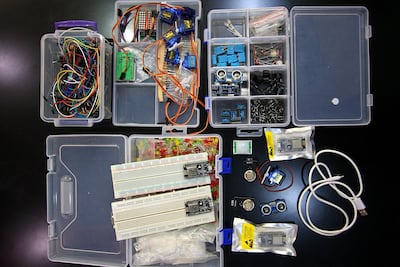 Drag IoT kits contain a variety of gadgets and wires. Courtesy Ehab Kahwati