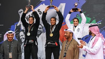Nathiely de Jesus (l) was second, Gabrieli Pessanha (c) the winner Thamara Ferreira third at the Abu Dhabi Grand Slam championship