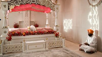 A shrine where the Sikh holy book is placed at the new Hindu temple.