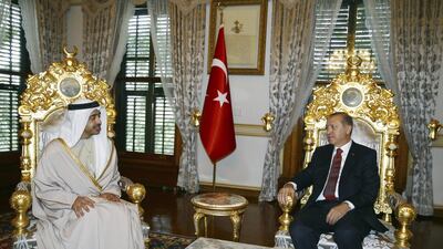Sheikh Abdullah bin Zayed at a meeting with Turkish President Recep Tayyip Erdogan at Istanbul on Monday. AP