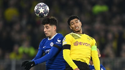 Chelsea's Kai Havertz battles for a header with Jude Bellingham of Borussia Dortmund. Getty