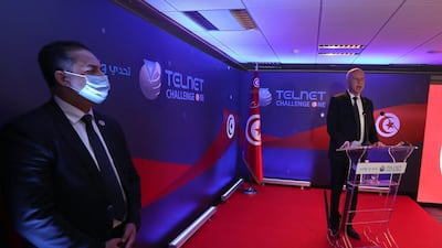 Tunisian President Kais Saied speaks during the launch of Tunisia's first satellite ''Challenge-1'', which was created by the Telnet telecommunications group, in Tunis, Tunisia. EPA