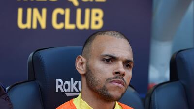Barcelonanew signing Martin Braithwaite looks on before the match. AFP