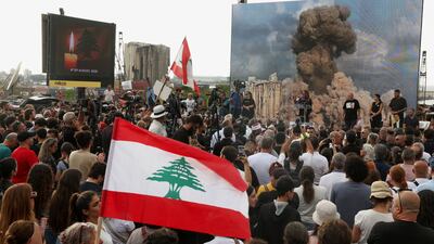 People attend a gathering in Beirut as Lebanon marks the fifth anniversary of the port blast. Reuters