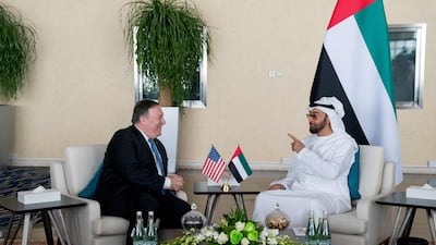 US Secretary of State Mike Pompeo and Abu Dhabi's Crown Prince and Deputy Supreme Commander of the UAE Armed Forces Sheikh Mohamed bin Zayed in Abu Dhabi. AFP