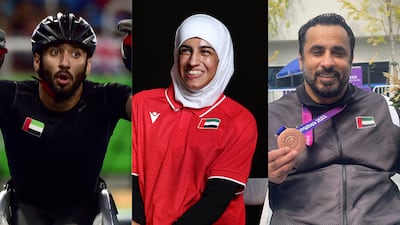 Left to right: Mohamed Al Hammadi, Thekra Al Kaabi and Saif Al Nuaimi are among the Emirati athletes heading to Paris for the Paralympic Games. Photos: AFP / Chris Whiteoak / The National / UAE Paralympic Committee