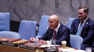 US special envoy for Syria Tom Barrack speaks during a UN Security Council meeting in New York. EPA