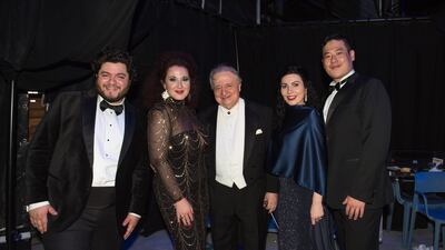 Donato Renzetti, the conductor in the centre, is flanked by singers Azer Zada, Calrissa Costanza, Martina Serra and Ettore Chi Hoon Lee. Photo: Accademia Teatro alla Scala